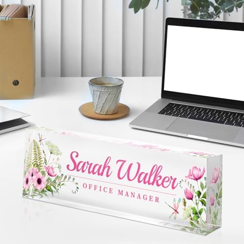 Custom Name Plate for Desk - Desk Name Plate Personalized - Acrylic Office Desk Accessories - Appreciation Gifts for Coworkers Employee Teacher Staff Boss - Office Decor for Women Men (Pink Flowers B) - Image 4