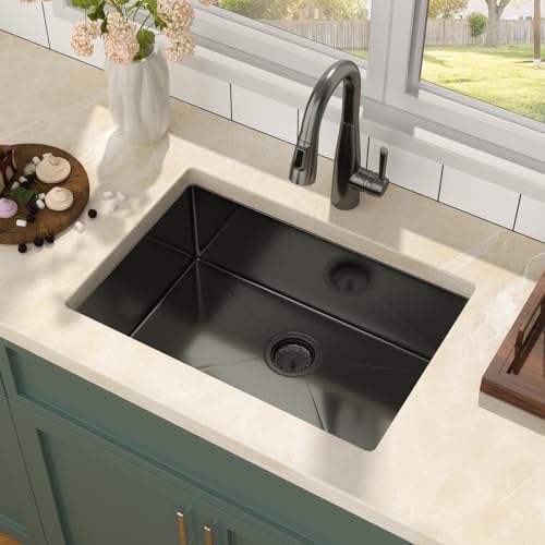 Mocoloo 26 Inch Gunmetal Black Undermount Kitchen Sink - 26" x 18" T304 Stainless Steel Handmade Single Bowl Round Corner Under Counter 9" Deep Basin - Image 5