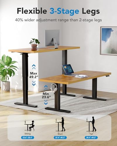HUANUO 71x30 Inch 3-Stage Legs Electric Standing Desk,Large Height Adjustable Office Desk with Brushless Motor,Stand Up Desk with 4 Memory Presets & 2 Hooks,Computer Desk for Home Office,Vintage Brown - Image 6