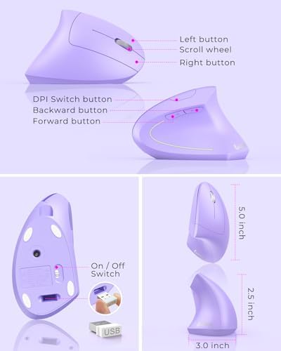 Lekvey Ergonomic Mouse, Rechargeable Wireless Vertical Mouse, Light Purple - Image 6