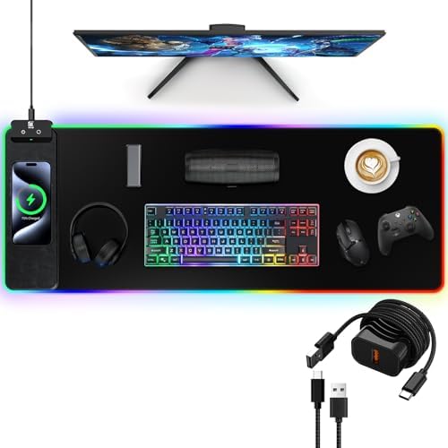 RGB Gaming Mouse Pad with Fast Wireless Charger, LED Extended Desk Mat, Home Office Large Desk Pad with Ultra-Smooth Surface, Non-Slip Base, Waterproof Keyboard Pad (Black) by miroddi