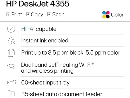 HP DeskJet 4355 Wireless All-in-One Color Inkjet Printer, Scanner, Copier, Best-for-Home, 3 Month Trial of Instant Ink Included, AI-Capable (AJ4Y0A) - Image 2