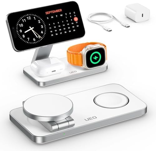 UEQ Foldable 3 in 1 Wireless Charging Station for Apple Compatible with Magsafe Charger Stand,Magnetic Wireless Charger Station for iPhone 17 Air 16 15 14 13 12 Series,Airpods Pro,Apple Watch (White) by UEQ