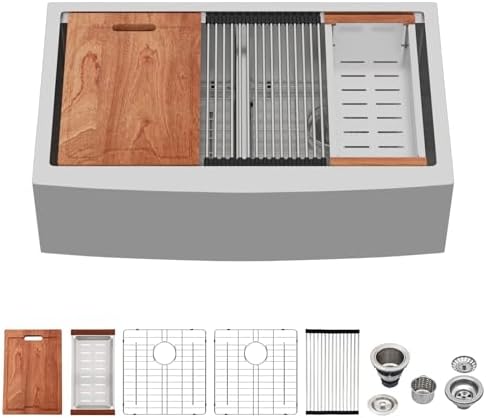 Lordear 33 Inch Stainless Steel Farmhouse Sink 16 Gauge T304 Double Bowl Kitchen Sink Workstation Apron Front Low Divide 50/50 Double Kitchen Farm Sinks 33X22X10 Inch by LORDEAR