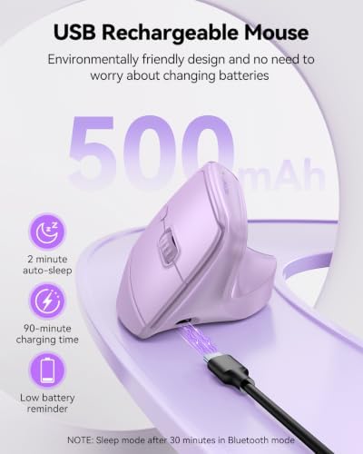 TECKNET Vertical Ergonomic Wireless Bluetooth Mouse, Silent Rechargeable Bluetooth Mouse(BT 5.0/5.0+2.4G), 5-Level 4800 DPI, 200H Long Battery Life, Compatible with Windows/Mac/Linux/Android/Chrome - Image 5