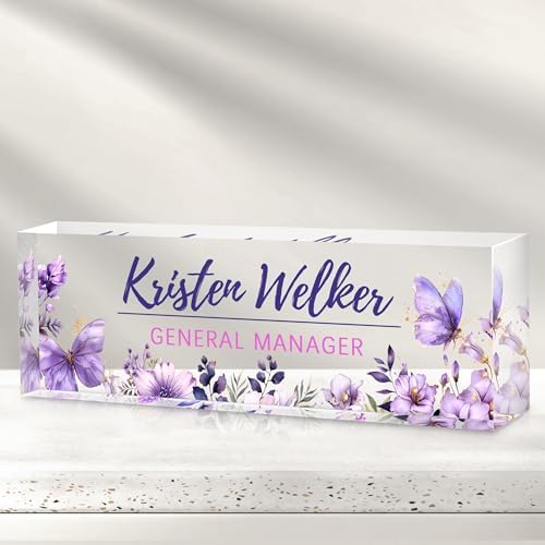 Custom Office Name Plate for Desk - Desk Name Plate Personalized Gifts for Coworkers, Boss, Employees, Teacher, Nurse - Office Desk Decor for Women Men - Employee Appreciation Gifts (Purple Garden) by Cryphart-CustomGiftExpert