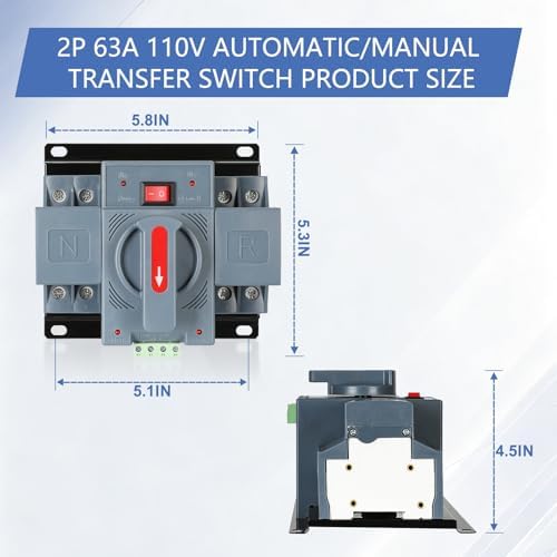 6-63amp AC110V Automatic/Manual Transfer Switch 2P 50/60Hz, 2POLE 63A ATS Auto Changeover Dual Power Switch for Generator, CE Certified ATS Solar Back Up Power Auto Selector Overvoltage, Undervoltage - Image 4