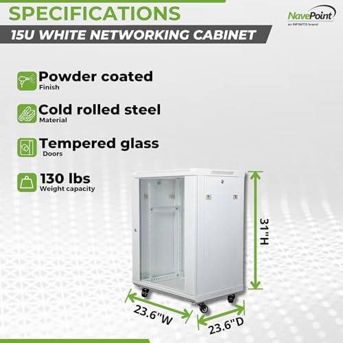 NavePoint 15U Network Cabinet with Glass Door – 15U Wall Mount Server Cabinet White 19” Rack for IT Equipment, AV Devices, Networking Equipment –21.5” Deep Server Rack Enclosure w/Wheels - Image 4