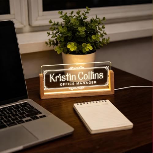 Personalized Light Up Acrylic Desk Name Plate - Custom Name Plate for Desk with Walnut Wood Base - Appreciation Office Gifts for Employees, Teacher, Social Worker (Vintage Frame) - Image 6