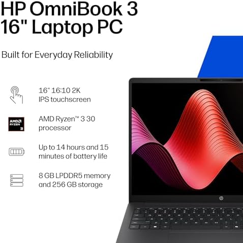 HP OmniBook 3 16 inch Laptop PC, 2K Touchscreen, AMD Ryzen 3 30, 8 GB RAM, 256 GB SSD, AMD Radeon 610M GPU, Windows 11 Home, Mica Silver, 16-by0199nr - Image 2