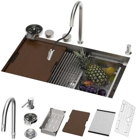 32x19x10 Waterfall Undermount Kitchen Sink Workstation with Faucet Combo - Image 2