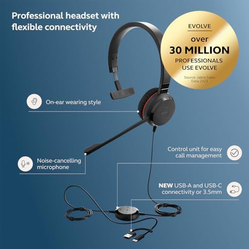 Jabra Evolve 30 II (2025 Edition) Wired Single-Ear Headset with Mic for Work - 3.5mm Jack, USB-A/USB-C Connectivity, with Noise-Cancelling Microphone, Microsoft Teams Certified, Call Control - Black - Image 2