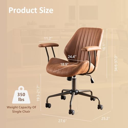 Mid Back Home Office Chair, Mid Century Modern Executive Chair, Comfy Ergonomic Rolling Office Desk Chair with Lumbar Support, Brown Faux Leather Office Chair, Brown - Image 2