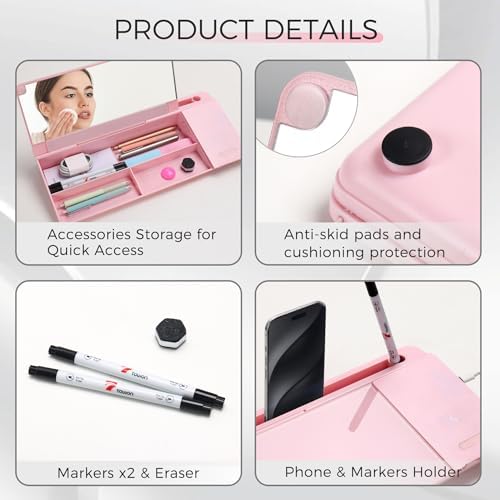 TOWON Glass Desk Whiteboard 17x6 in, Wireless Charger and Storage, Pink - Image 4