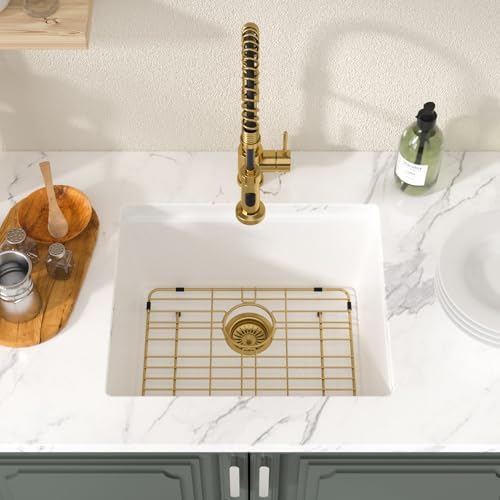 Lordear White Granite Composite Sink 21 Inch Undermount Bar Sink Workstation 21x18 Small Kitchen Quartz Under Counter Wet Single Bowl with Gold Accessories - Image 4