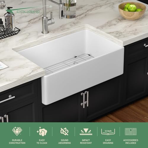 White Farmhouse Sink 33 Inch Fireclay Apron Front Farm Sinks Drop In Undermount Large Deep Farm Country Style Single Bowl Farm Sinks with Luxury Accessory, 33"x20"x10" - Image 2