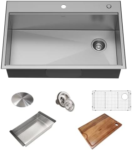 KRAUS KWT310-33/18 Kore Workstation 33-inch Drop-In 18 Gauge Single Bowl Stainless Steel Kitchen Sink with Integrated Ledge and Accessories by Unknown