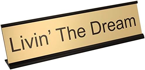 ExcelMark Livin' The Dream Desk Plate – 2"x 8"Novelty Name Plate – Gold Name Plate with Black Desk Holder by ExcelMark