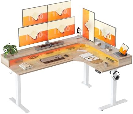 TIQLAB 63'' L-Shaped Standing Desk with LED Light Strip and Power Outlet, Height Adjustable Corner Table with Ergonomic Monitor Stand, Maple by TIQLAB