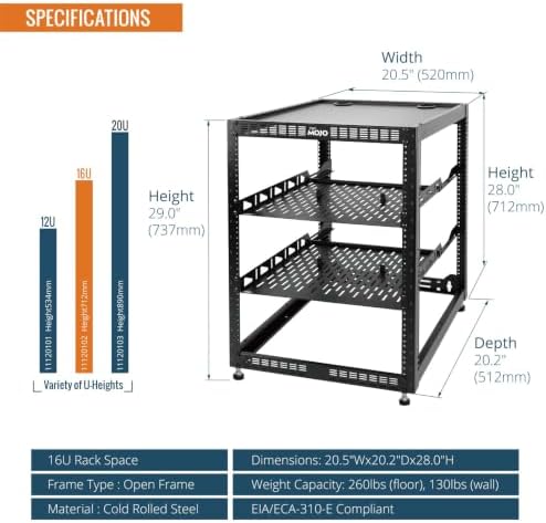 Tecmojo 16U Open Frame Network Rack for IT & AV Gear, AV Rack Floor Standing or Wall Mounted,with 2 PCS 1U Rack Shelves & Mounting Hardware,Network Rack for 19" Networking,Audio and Video Device - Image 2