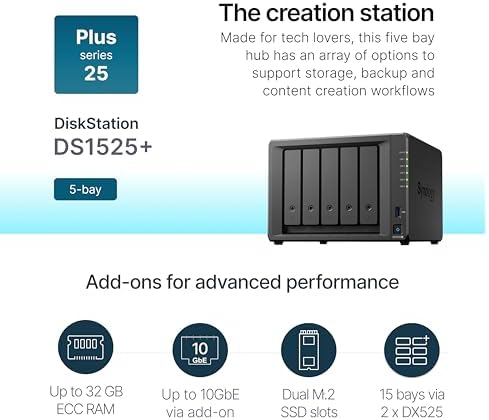 Synology DS1525+ Video Editing & Production Server - Scale to 300TB, 10GbE Ready & Multi-User Workflows (5-Bay Diskless NAS) - Image 2