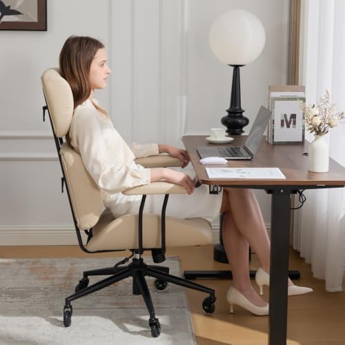 E-Motie Mid-Century Modern Desk Chair, Beige Ergonomic Leather Office Chair - Image 3
