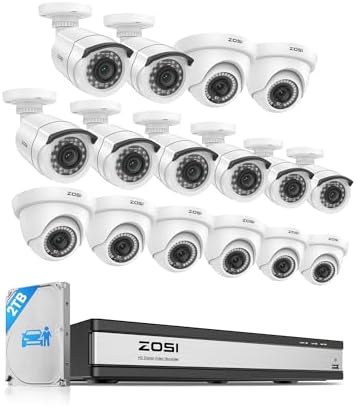 ZOSI H.265+ 1080p 16 Channel Security Camera System, 16CH DVR with AI Human Vehicle Detect, 12 x 2MP Weatherproof Surveillance CCTV Bullet Dome Camera Outdoor, Night Vision, Remote Access, 2TB HDD by ZOSI