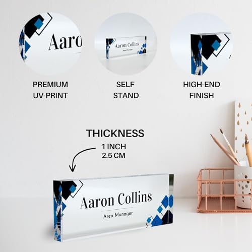 Customized Clear Acrylic Thick 8x3" Desk Name Plate Block with Personalized Logo - Professional Office Decor - Customized Acrylic Plate Gift for Teacher Co-workers (Elegant Squares) - Image 5