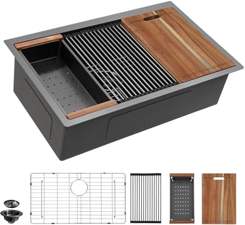 33"x19" Gunmetal Black Undermount Kitchen Sink Ledge Workstation by FULORNI