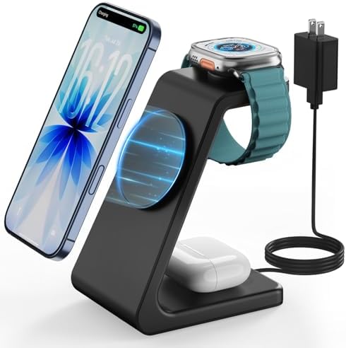Magsafe Wireless Charging Station for iPhone: 3 in 1 15W Magnetic Portable Desktop Charging Station for iPhone17/16/15/14/13/12 Series, Apple Watch, AirPods 4/3/2/Pro by GEEKERA