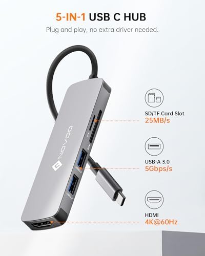 NOVOO USB C Hub 5 in 1 with HDMI 4K Adapter, 2 USB 3.0 Ports, 1 SD Memory Port, 1 microSD Card Reader - Image 2