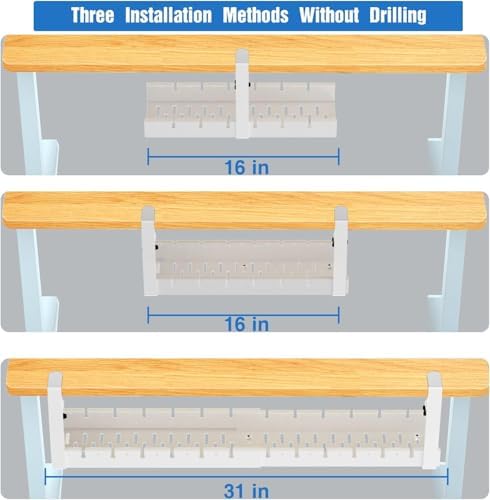 No Drilling Extendable Under Desk Cable Management, Metal Cable Management Tray Under Desk with Clamp, Retractable Power Strip Cord Holder for Wire Management 31Inch (1 Pack White) - Image 5