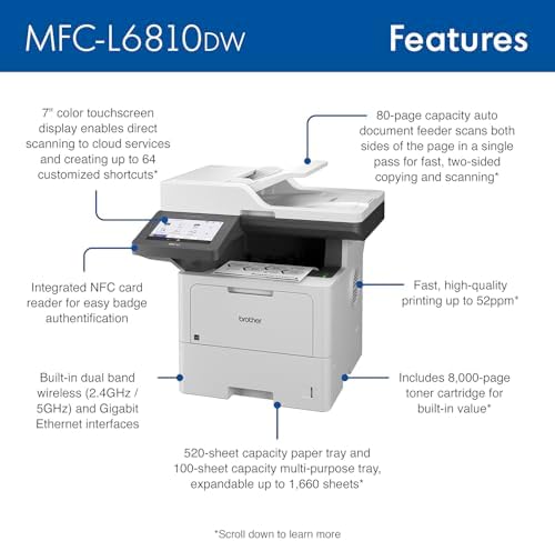 Brother MFC-L6810DW Enterprise Monochrome Laser All-in-One Printer, Large Paper Capacity, Wireless Networking, Advanced Security Features, Duplex Print, Scan, and Copy (Renewed Premium) - Image 2