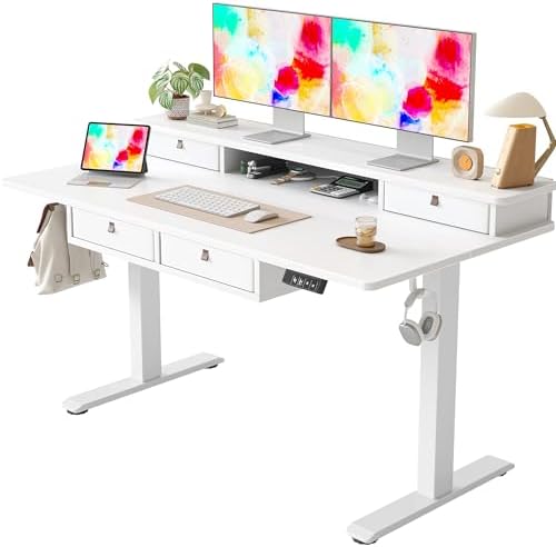 TIQLAB 55 * 28 Inch Standing Desk with Four Drawers, Electric Sit Stand Table, Stand Up Desk Adjustable Height with Storage Shelf, Splice Board, White by TIQLAB