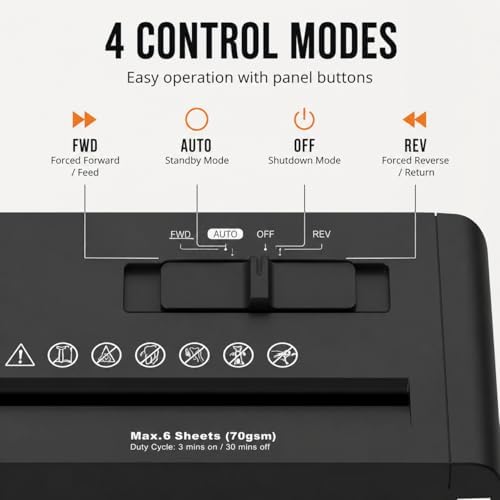 Compact Strip-Cut Paper Shredder, 6-Sheet Capacity, P-1 Security Level, 3-Minute Continuous Run, 4 Control Modes, Fits Most Trash Cans, Black - Image 5