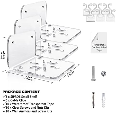 SIPRDE Acrylic Small Wall Shelf Set of 3 for Security Cameras, Speakers, Baby Monitors & More - 4'' Universal Adhesive Shelf Easy to Install No Drill, with Cable Clips (Clear) - Image 2