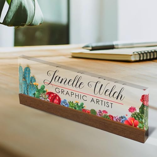 Artblox Personalized Office Desk Name Plate and Business Card Holder | Clear Acrylic Glass with Teak Wood Stand | Cactus Flowers Design Customized with Your Name and Credentials Office Desk Décor - Image 2
