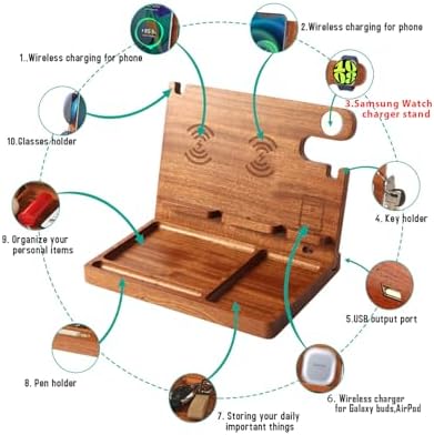 Desk Organizer with 4 Wireless Charging Station for Samsung Devices,27W Dual Wireless Charger Fast Charging for 2 Phones,Galaxy Watch 8/7/6/5/4/3/2,TWS box,Wood Phone Docking Station,Gifts for Men Dad - Image 2