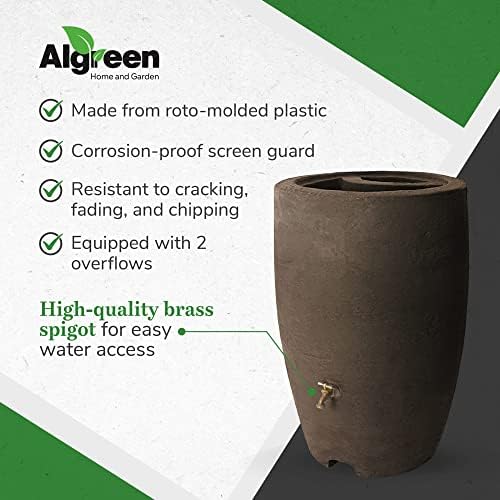 Algreen Plastic Rain Barrel, 50 Gallon Drum - Rainwater Tank w/Brass Spigot & Screen Guard for Rain Water Collection & Storage - Athena, Brownstone - Image 5
