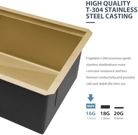 Lordear 28 Undermount Kitchen Sink Gold Stainless Steel 16 Gauge Under Counter Workstation Sink Single Bowl 304 Stainless Steel One Basin Handmade Sinks - Image 4