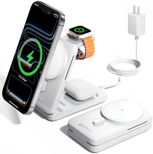 KPON 3-in-1 for Magsafe Charging Station, Foldable Travel Charger Stand for Apple, Wireless Magnetic Charging Dock for Multiple Devices iPhone 17 16 15 14 13 12 Series/Apple Watch/Airpods by KPON