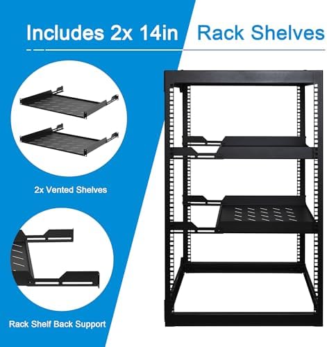 RackPath 20U Open Frame Network Rack with 2X 14in Vented 1U Shelves Rear Support, Wall Mount/Floor Standing Network Cabinet, Heavy Duty 150 lbs Capacity for IT & AV Gear, Audio and Video Device - Image 3