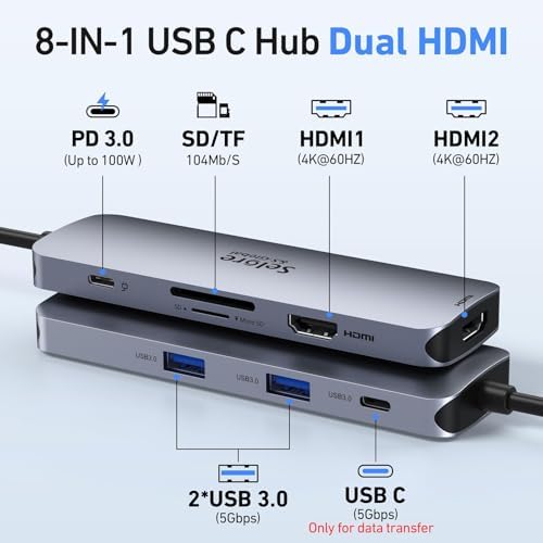 Selore USB C Docking Station Dual Monitor, USB C to Dual HDMI Adapter - Image 2