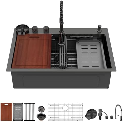 Sarlai Waterfall Kitchen Sink 30 Inch Black Drop In Kitchen Sink Topmount 16 Gauge Stainless Steel 30x22 Inch Single Bowl Multifuction Workstation Top Mount Sinks with Double Knob by Sarlai
