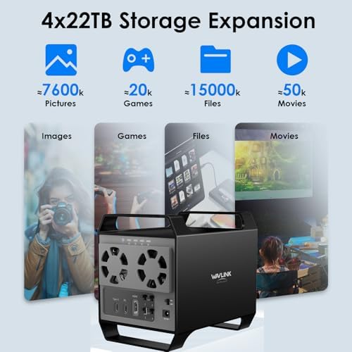 WAVLINK 4-Bay Hard Drive Enclosure for 3.5" and 2.5'' SATA HDD/SSD Featuring 10Gbps USB-C 3.2, Max 88TB Capacity, Built-in Temp-Controlled Cooling Fans, 4K HDMI Stunning Video Output, Aluminum Shell - Image 3