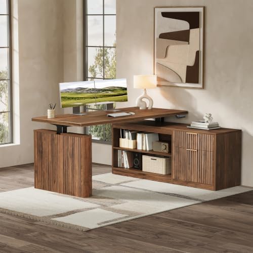OffiGo Fluted 55 Inch L Shaped Electric Standing Desk with Storage, Walnut - Image 3