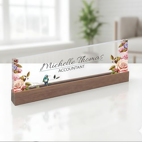 ARTBLOX Personalized Acrylic Desk Name Plate, Flower and Bird, Card Holder by Artblox