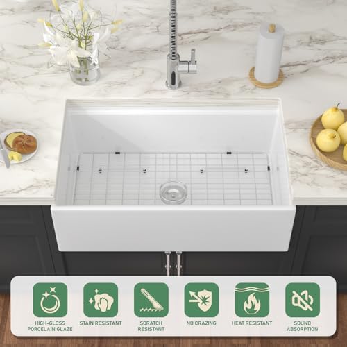 White Fireclay Farmhouse Sink Workstation - Couoko 33 Inch White Apron Front Fireclay Farm Sink Large Deep Ceramic Single Bowl Farmhouse Kitchen Sinks with Luxury Accessories, 33" x 20" x10" - Image 3