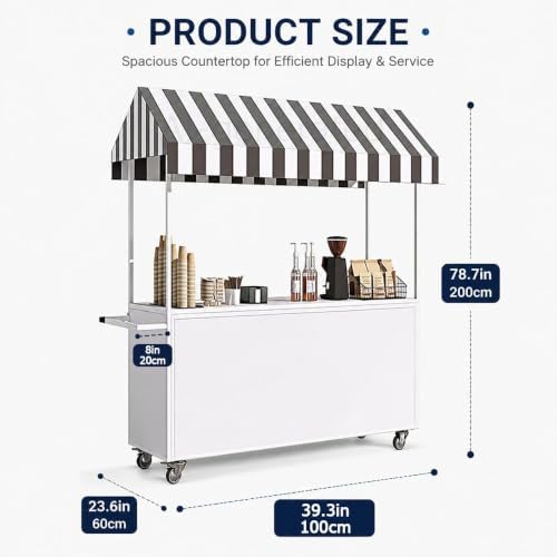 Portable Vendor Cart with Lockable Canopy and Wheels, Large Mobile Food Display Stand for Outdoor Markets & Events, Sturdy Metal Snack Kiosk with 360° Swivel Casters (Yellow, 39x23.6x78.7in) - Image 2