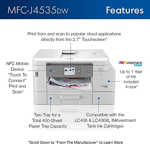 Brother MFC-J4535DW INKvestment Tank All-in-One Color Inkjet Printer with NFC, Duplex and Wireless Printing Plus Up to 1-Year of Ink in-Box, Works with Alexa (Renewed), White - Image 3